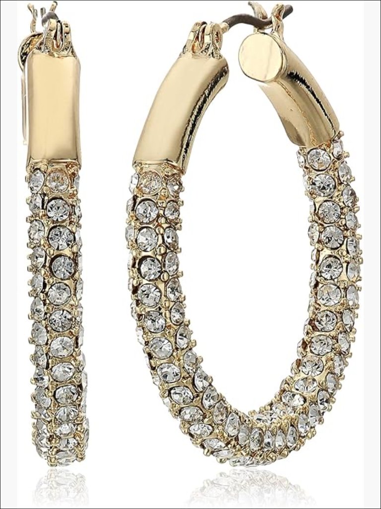 Gold Hoop Earrings Crystal Pave Tubular Click-Top Base Metal